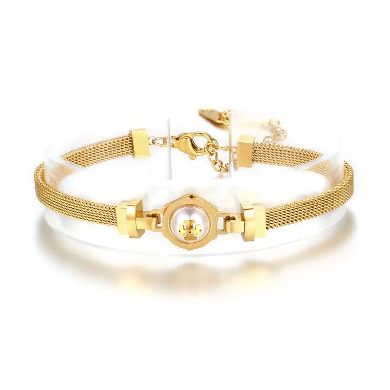 18k Plated Steel Pearl Charm Bangle Bracelet for Women