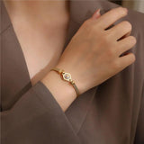 18k Plated Steel Pearl Charm Bangle Bracelet for Women