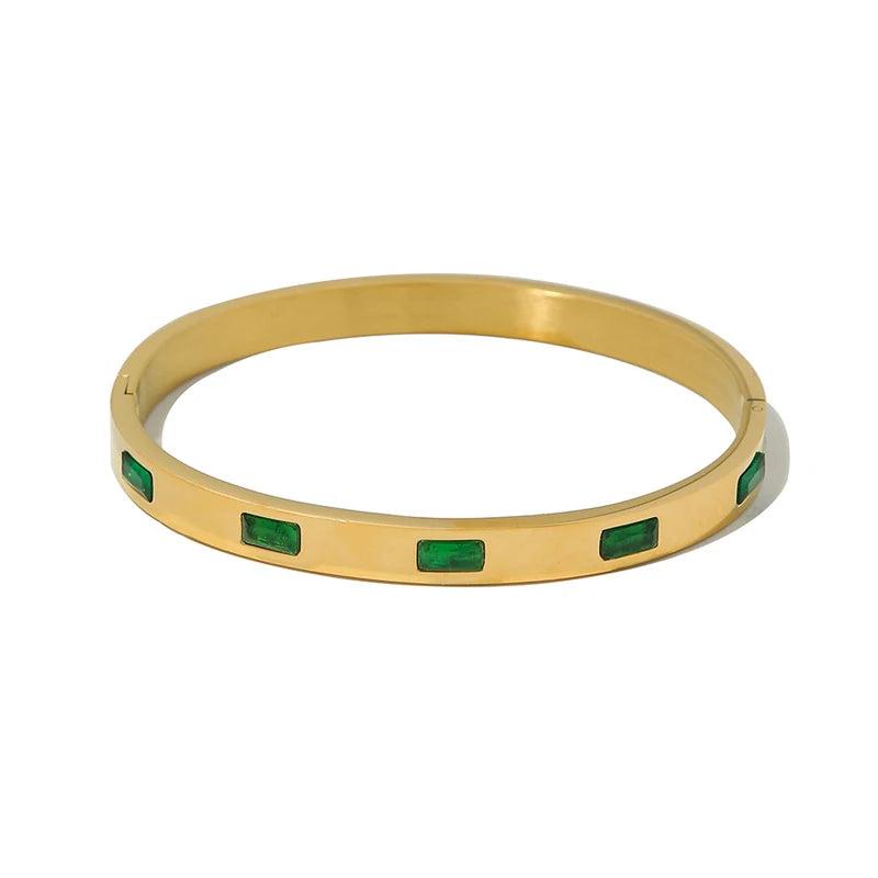 Green Cubic Zirconia Stainless Steel Bangle Bracelet