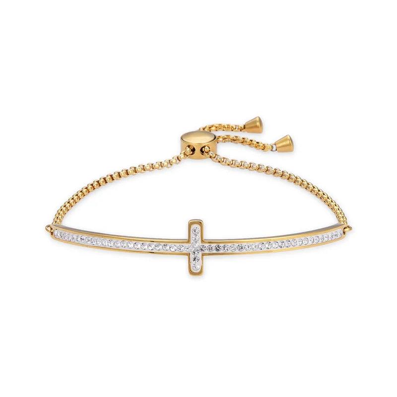 Stainless Steel CZ Crystal Cross Charm Bracelet Religious Faith Chain
