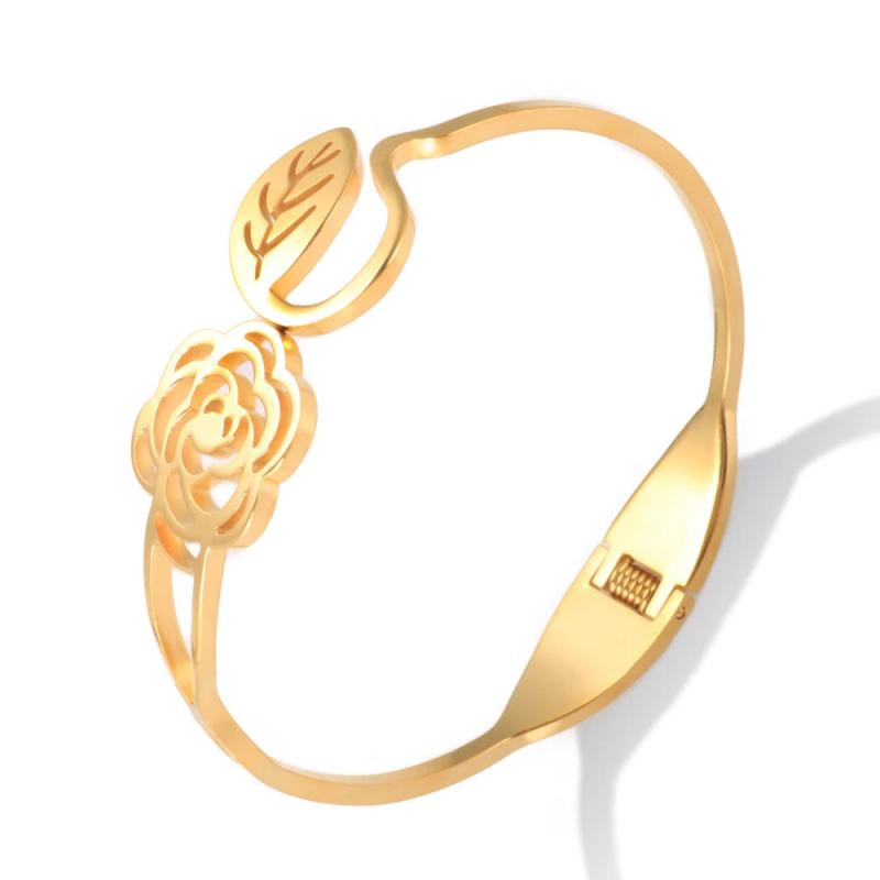 Hollow Rose Flower Bangle Engraved Bracelet Leaf Shape Women Wedding Jewelry