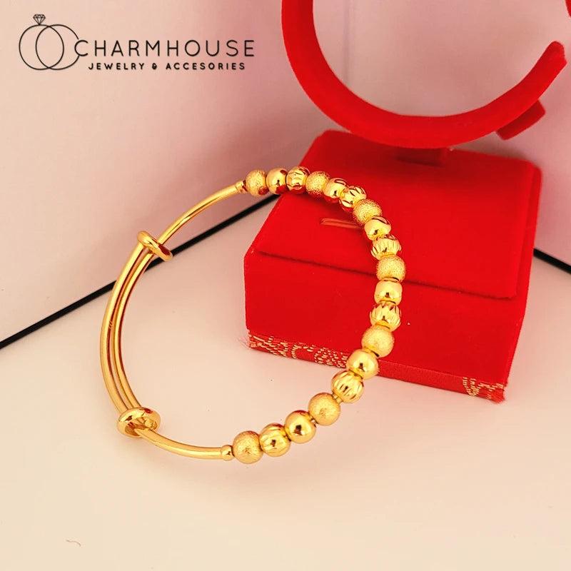24K Yellow Bangles Beads Bracelet Bangle Adjustable Wedding Jewelry