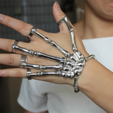Gothic Punk Skull Bracelet with Finger Rings Elastic Adjustable Skeleton