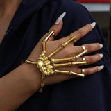 Gothic Punk Skull Bracelet with Finger Rings Elastic Adjustable Skeleton