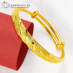 24K Charm Bracelet Women 10mm Width Geometric Bangle Wristband Wedding Jewelry