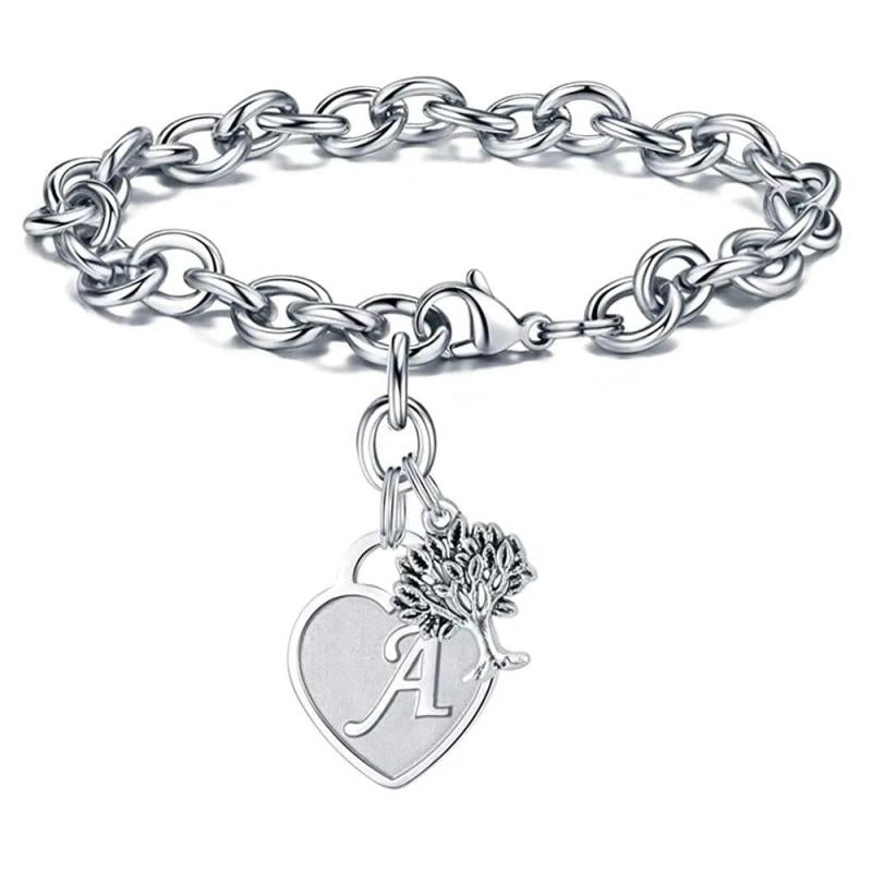 Stainless Steel Heart Bracelet Bangle with Initial Alphabet Jewelry for Women