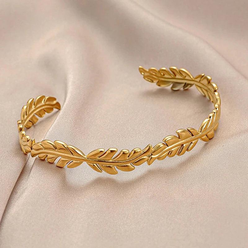 316L Stainless Steel Leaf Bangle Vintage Cuff Bracelet