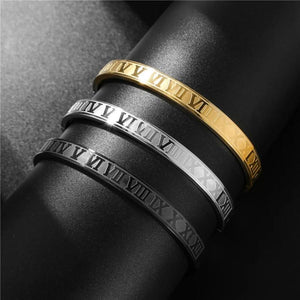 Stainless Steel Open Bangle Roman Numeral Cuff Bracelet