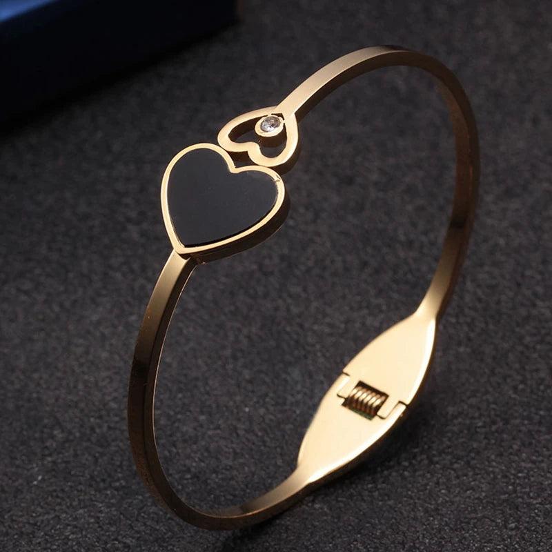 Stainless Steel Heart Charm Cuff Bangles for Women Girls Wedding