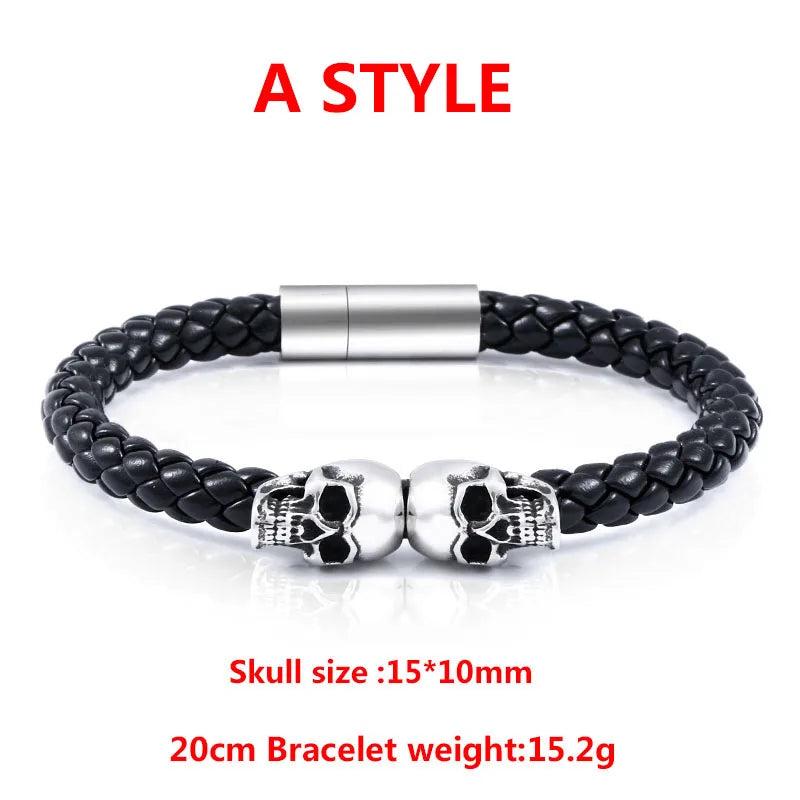 BEIER Triple Skull Leather Men's Bangle Rock Biker High Jewellery