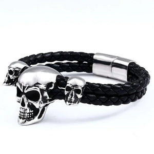 BEIER Triple Skull Leather Men's Bangle Rock Biker High Jewellery