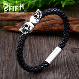 BEIER Triple Skull Leather Men's Bangle Rock Biker High Jewellery