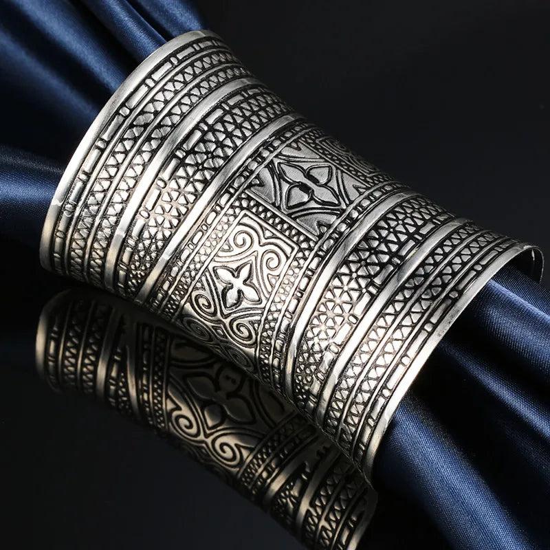 Boho Ethnic Metal Flower Cuff Bracelet - Women's Jewelry