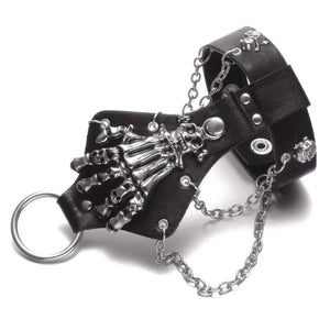 Punk Rock Gothic Skeleton Skull Hand Glove Chain Link Leather Bracelet