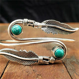 Boho Feather Bracelet Vintage Inlaid Stone Open Bracelet