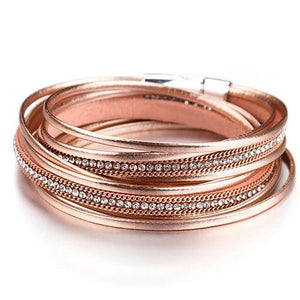 Women's Rhinestones Leather Wrap Bracelet - Multilayer Magnet Bangle