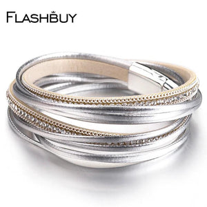 Women's Rhinestones Leather Wrap Bracelet - Multilayer Magnet Bangle