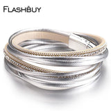 Women's Rhinestones Leather Wrap Bracelet - Multilayer Magnet Bangle