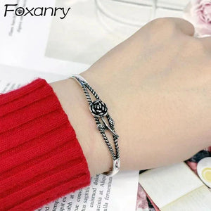Foxanry Silver Bracelet for Women Vintage Unique Rose Party Jewelry
