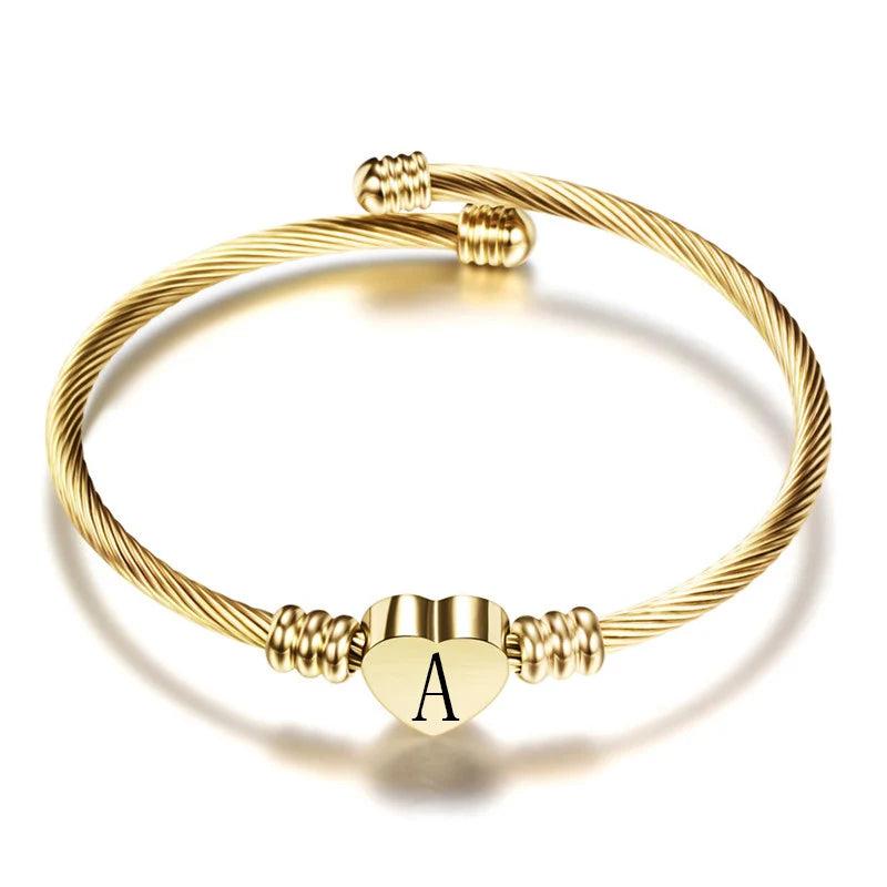 Heart Bracelet Bangle with Initial Charms for Women