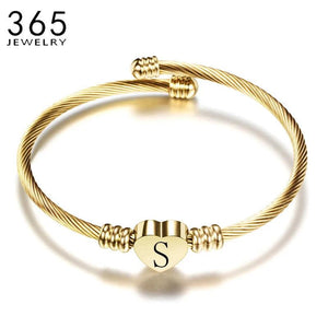 Heart Bracelet Bangle with Initial Charms for Women