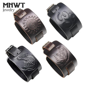 Embossed Wolf Eagle Totem Leather Bracelet Brown Men