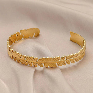 316L Stainless Steel Leaf Open Bangle Silver Cuff Bracelet