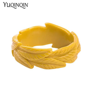 Engraved Yellow Leaf Resin Cuff Bracelet