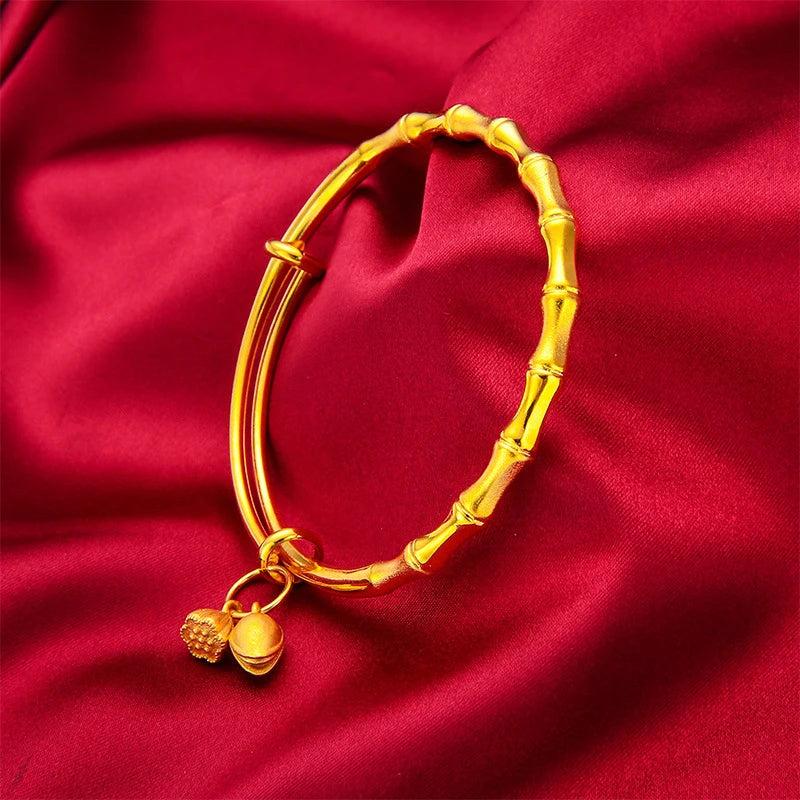 24K Bamboo Charm Bangles for Women Adjustable Wedding Jewelry