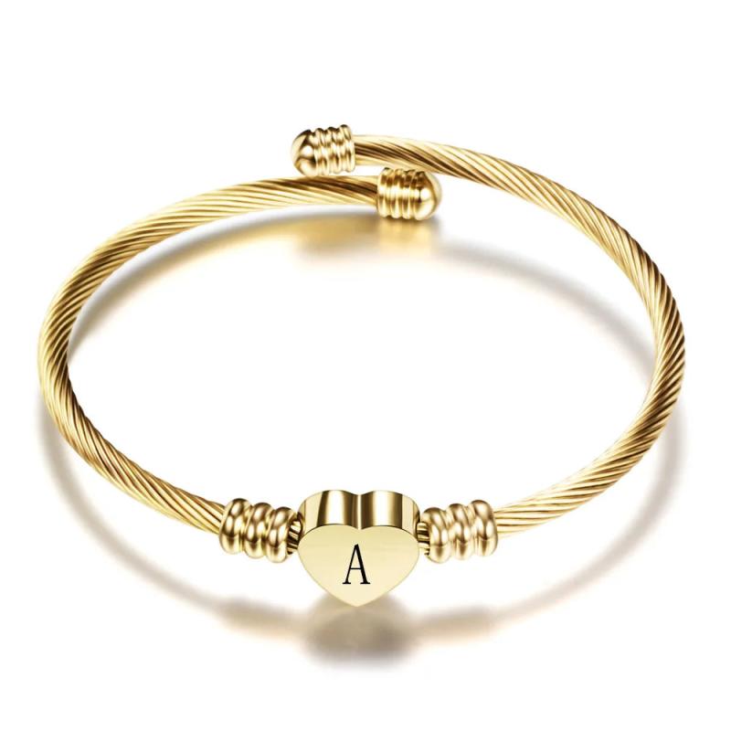 Heart Bangle Initial Charms Bracelet for Women