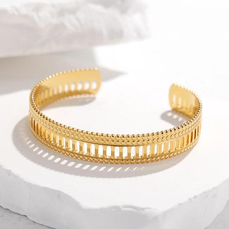 316L Stainless Steel Geometric Hollow Bangle Women Cuff Bracelet 