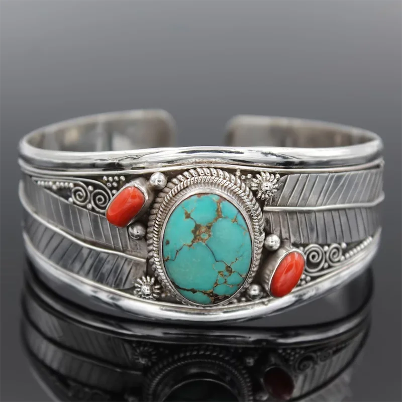 Antique Silver Leaf Red Stone Bracelet Bangle for Women