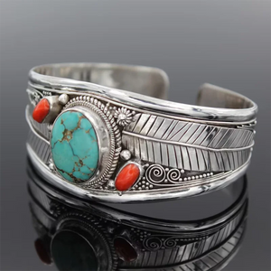 Antique Silver Leaf Red Stone Bracelet Bangle for Women