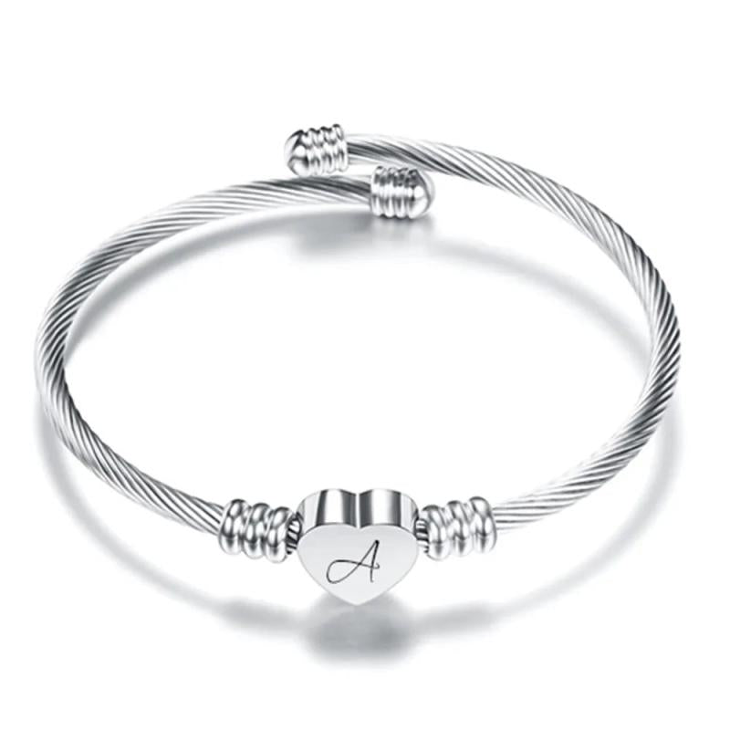 NIBASTAR Heart Cable Initial Bracelet A-Z Alphabet Bangles for Women Girls
