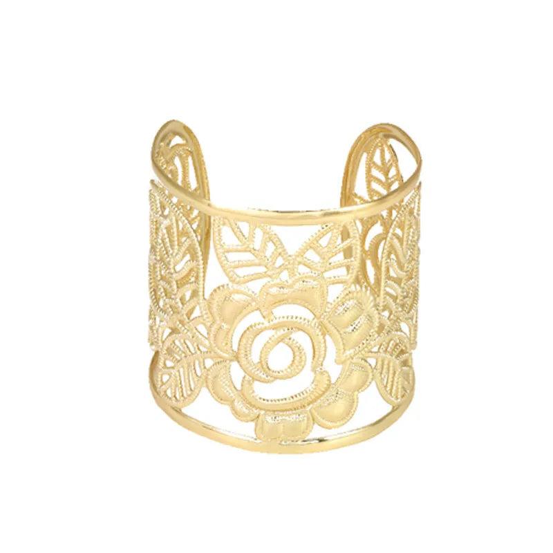 Punk Rock Vintage Carving Cuff Arm Womens Hollow Rose Flower Bangle Bracelet