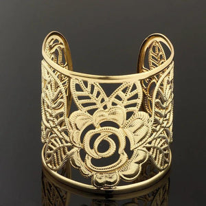Punk Rock Vintage Carving Cuff Arm Womens Hollow Rose Flower Bangle Bracelet