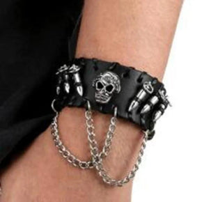 Men's Rock Punk Stainless Steel Bullet Skull Leather Wristband