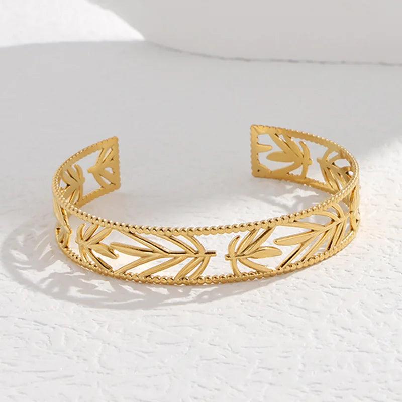 316L Stainless Steel Leaf Cuff Bracelet For Women Adjustable Bangle