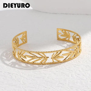 316L Stainless Steel Leaf Cuff Bracelet For Women Adjustable Bangle