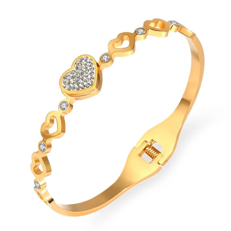 Stainless Steel Lover Heart Bangle Bracelet with Rhinestones