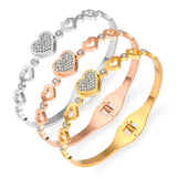 Stainless Steel Lover Heart Bangle Bracelet with Rhinestones