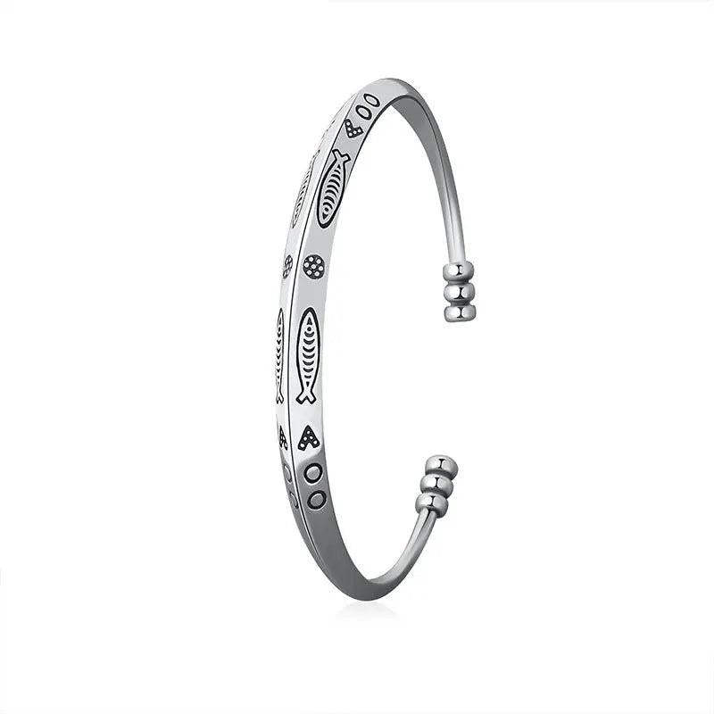 925 Silver Plated Fish Pattern Cuff Bracelet Adjustable Bangle