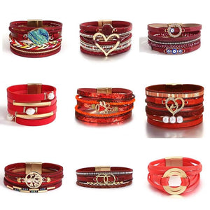 Red Leather Boho Heart Bell Multilayer Bracelet