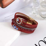 Red Leather Boho Heart Bell Multilayer Bracelet