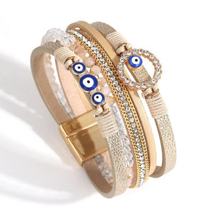 Boho Evil Eye Leather Bracelets Layered Wide Charm Wrap Bracelet