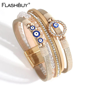 Boho Evil Eye Leather Bracelets Layered Wide Charm Wrap Bracelet