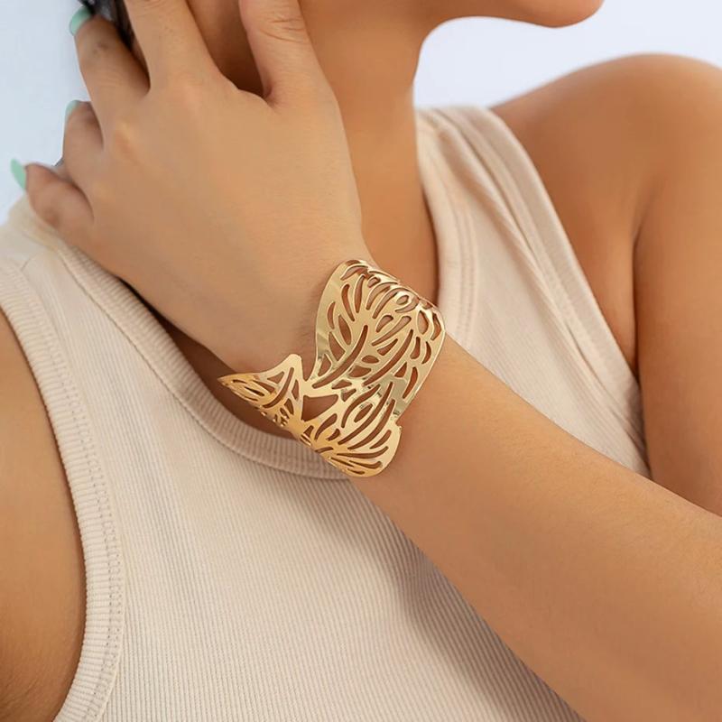 Vintage Hollow Out Leaf Bangle Wide Cuff Bracelet