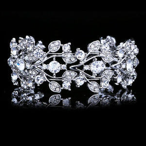 Silver Plated Flower Cuff Bangle with Rhinestones Crystal Bracelet