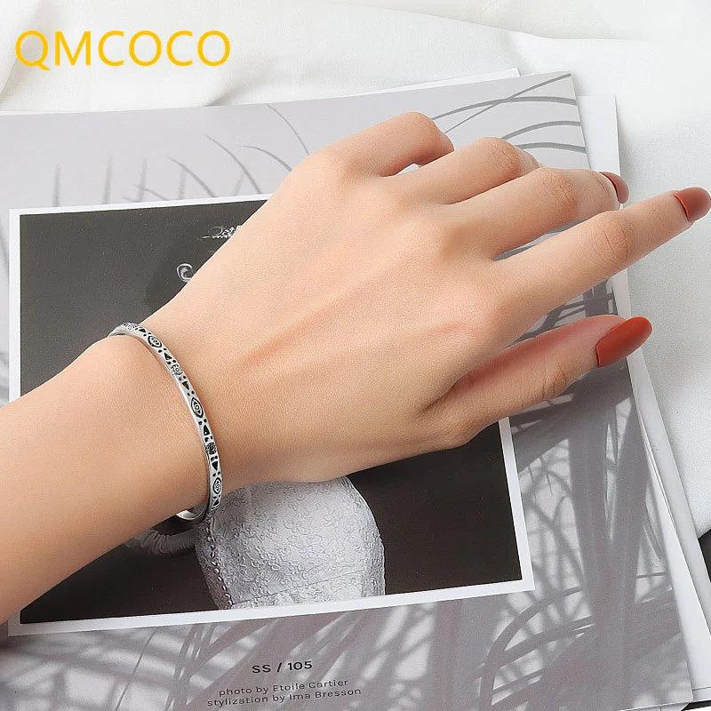 Geometric Pattern Bracelet Silver Adjustable Vintage Style