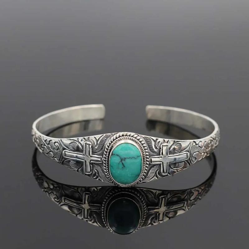 Engraved Cross Pattern Silver Metal Bracelet Women Open Inlay